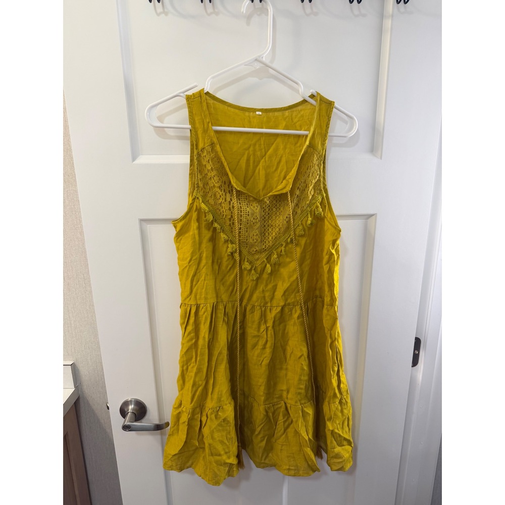 Mustard Yellow Boho Crochet Lace Tassel Tiered Sleeveless Mini‎ Dress Small